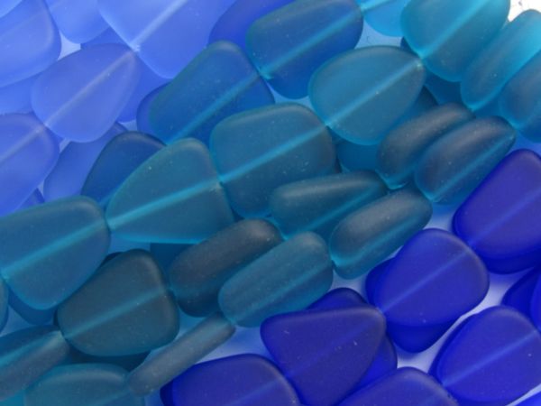 Cultured Sea Glass BEADS 15mm Darker BLUE Assorted flat frosted freeform BULK Strands for making jewelry