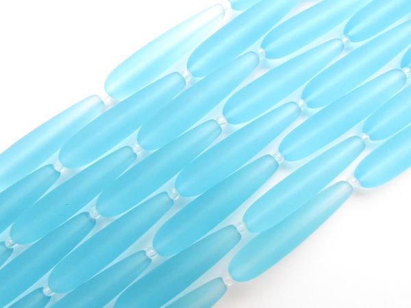 Frosted Cultured Sea Glass BEADS Teardrop 38x9mm Turquoise Bay Light AQUA Blue length drilled for making jewelry