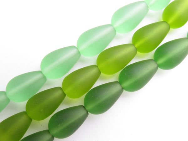 Bead Supply Cultured Sea Glass BEADS Teardrop 16x10mm GREENS 3 strands 6 pc ea assorted for making jewelry