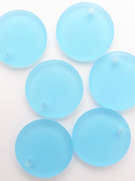 Bead Supplies Frosted Glass PENDANTS 25mm Flat Round Turquoise Bay blue frosted Large Hole top drilled for making jewelry