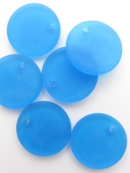 Cultured Sea Glass PENDANTS 25mm Flat Round Pacific AQUA Blue frosted Large Hole top drilled for making jewelry