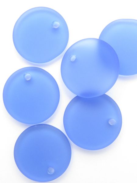 Cultured Sea Glass PENDANTS 25mm Flat Round Cornflower Blue frosted Large Hole top drilled for making jewelry