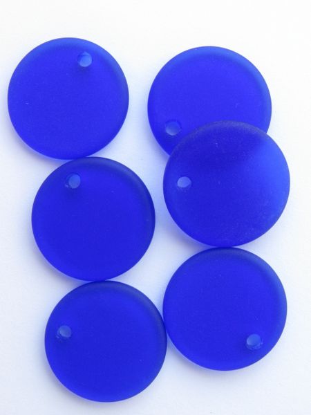 Royal Cobalt BLUE Cultured Sea Glass PENDANTS 25mm Flat Round frosted top drilled supplies for making jewelry