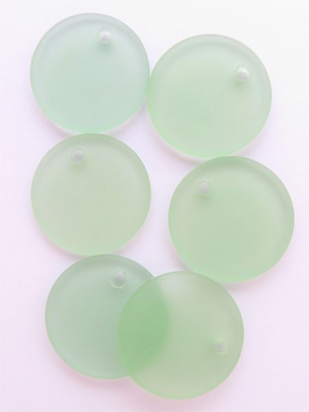 Cultured Sea Glass PENDANTS 25mm Peridot LIGHT GREEN Flat Round frosted Large Hole top drilled bead supplies
