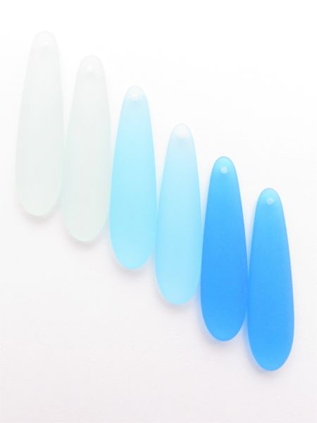 Cultured Sea Glass PENDANTS 38x10mm Light BLUES Elongated Flat Teardrop top drilled Great for making earrings