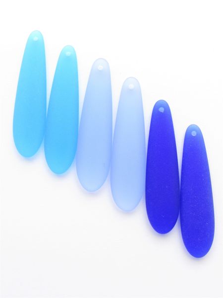 Cultured Sea Glass PENDANTS 38x10mm Darker BLUES Elongated Flat Teardrop top drilled Great for making earrings
