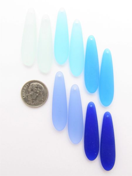 Aqua Blue Cultured SEA GLASS Pendants Elongated Teardrop 38x10mm assorted top drilled beads for making jewelry