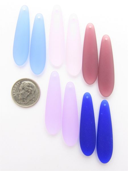 Bead Supply Cultured SEA GLASS Pendants Elongated Teardrop 38x10mm Purple Blue pairs top drilled beads Great for making earrings