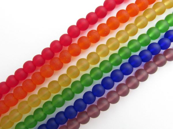 Bead Supply Cultured Sea GLASS BEADS 6mm round RAINBOW frosted matte finish 6 Strands assorted for making jewelry