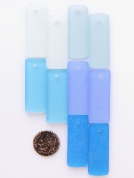 Cultured Sea Glass PENDANTS Rectangle 35x14mm Light Blues assorted pairs Top Drilled bottle curved jewelry bead supply