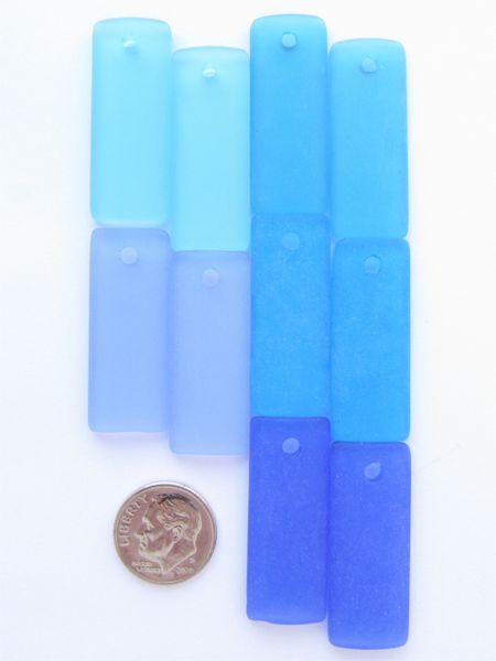 Cultured Sea Glass PENDANTS Rectangle 35x14mm Darker Blues assorted pairs Top Drilled bottle curved for making jewelry
