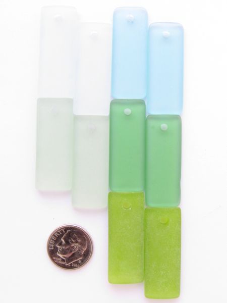 Bead Supply Cultured Sea Glass PENDANTS Rectangle 35x14mm assorted GREENS Top Drilled bottle curved for making jewelry