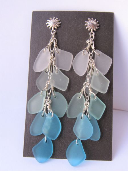 Handmade EARRINGS 3 3/8" Elegant Dangle ear wires Sterling Silver cultured sea glass cascading graded color aqua blue