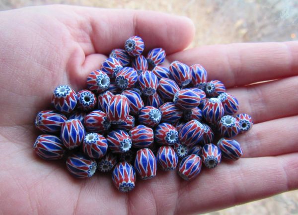 Glass CHEVRON BEADS 8x7mm Rosetta Star layered glass red white handmade chevrons for making jewelry