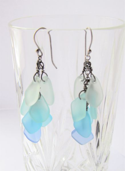 Elegant Handmade Cultured SEA GLASS EARRINGS Sterling Silver Light Aqua Seafoam Ear wires beach lover gift