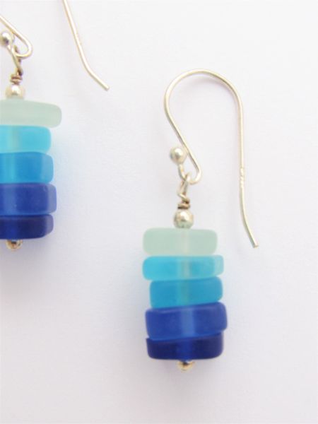 Cultured Sea Glass EARRINGS Dangle Stacked Shades of Aqua Blue Cobalt 1 3/8" handmade dangle with ear wires
