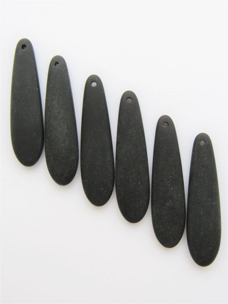 Cultured Sea Glass PENDANTS Opaque BLACK 38x10mm long teardrop frosted top drilled for making jewelry