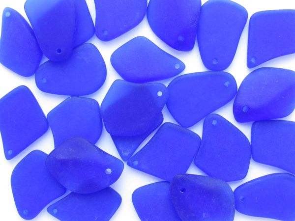 Cultured Sea Glass PENDANTS 1" Royal Blue free form frosted top drilled for making jewelry