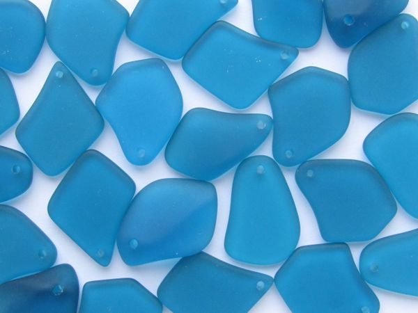 Bead Supplies Cultured Sea Glass PENDANTS Flat Freeform 1" Teal Blue Top Drilled for making jewelry beads