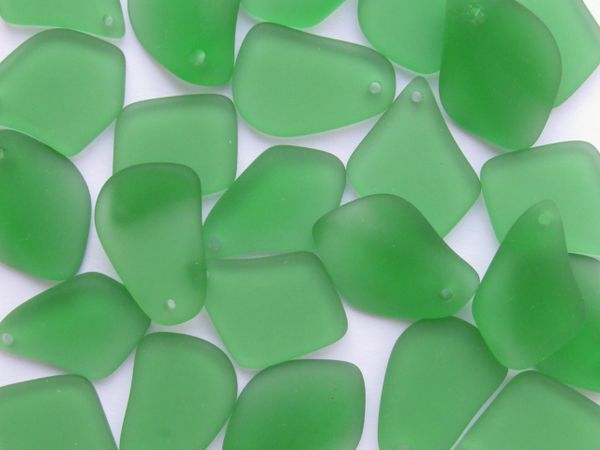 Cultured Sea Glass beads PENDANTS 1" Cultured frosted Freeform Medium Green Top Drilled for making jewelry