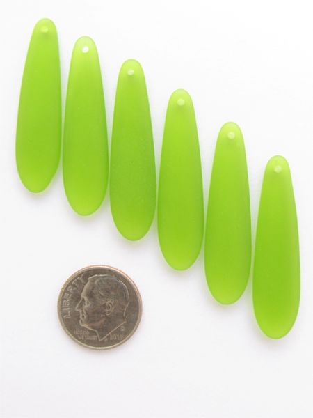Cultured Sea Glass PENDANTS 38x10mm long teardrop OLIVE GREEN frosted bead supply for making jewelry