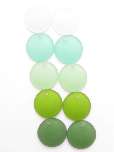 Cultured Sea Glass PENDANTS 25mm Coin GREENS Concave bead supplies for making jewelry