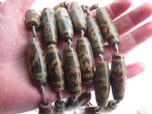 DZI BEADS 40x14mm Green Agate earthtone Strand bead supply for making jewelry