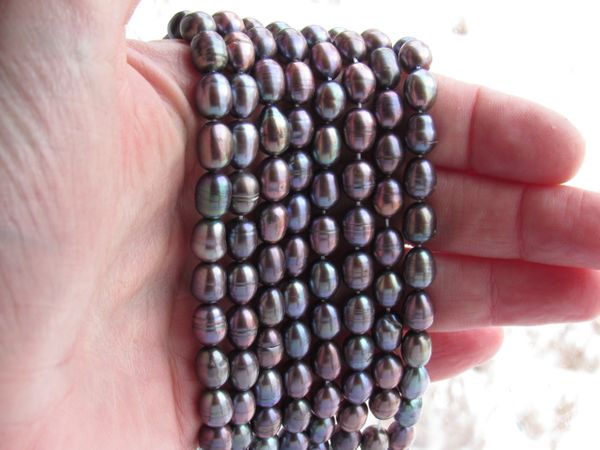 Cultured Freshwater PEARLS strand Dark Iridescent 6.5-7mm Rice jewelry bead supply