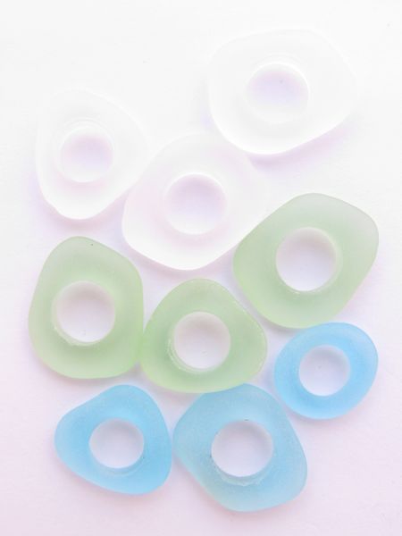 Jewelry making Supplies Cultured Sea Glass Ring PENDANTS free form frosted Rings Assorted Blue Green 9 pc