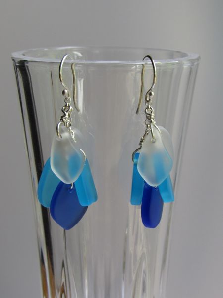 SEA GLASS Dangle EARRINGS Sterling Silver Cascading Clear Pacific Royal Blue Handmade Earwires Beads