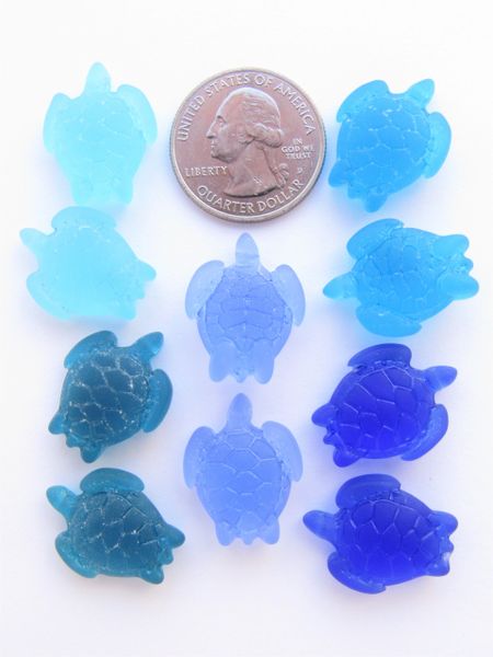 10 pc frosted Glass TURTLE PENDANTS 23x18mm frosted Assorted BLUES top drilled turtles for making jewelry