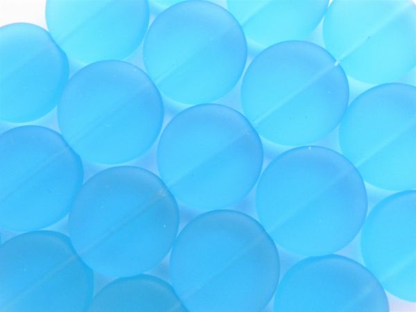 Cultured Sea Glass BEADS 20mm Coin Pacific aqua blue frosted matte finish supply for making jewelry