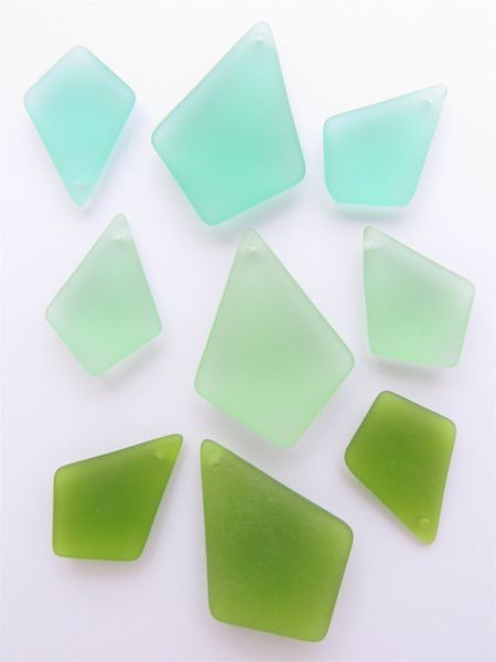 Cultured SEA GLASS PENDANTS Green 3 pc Sets assorted 36x26mm 28x20mm bead supply for making jewelry