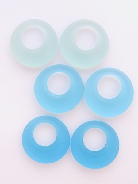 Cultured frosted Sea Glass PENDANTS 28mm DONUT RINGS Assorted Light Blue 3 Pair Great for making earrings