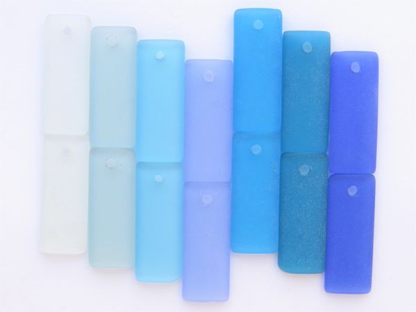Cultured Sea Glass PENDANTS 35x14mm Rectangle 7 pair Assorted Aqua Blue Top Drilled supply for making jewelry