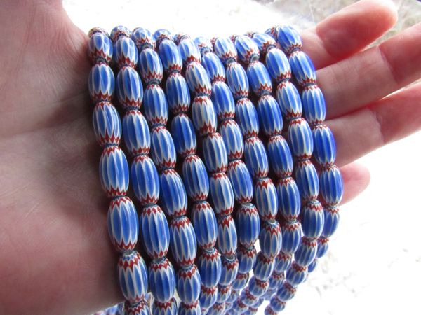 Glass Chevrons BEADS 13x7mm Blue white layer glass with red handmade bead supply for making jewelry
