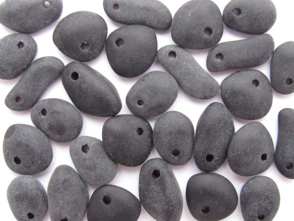 Cultured Sea Glass PENDANTS Opaque Black 15mm frosted free form bead supply for making jewelry