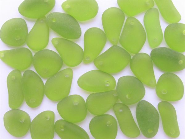Cultured Sea Glass PENDANTS Olive Green 15mm freeform pebbles frosted top drilled for making jewelry