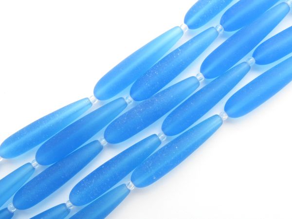 Cultured Sea Glass BEADS Pacific Aqua BLUE Teardrop 38x9mm length drilled frosted glass bead supply for making jewelry