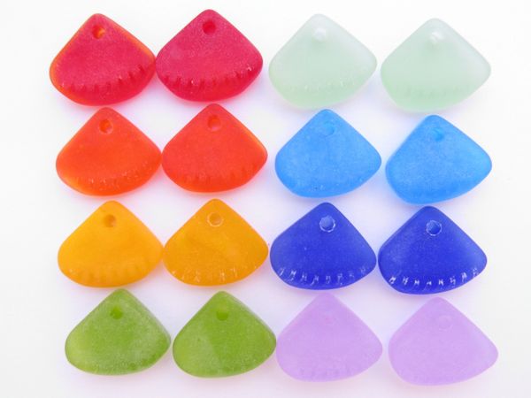 Cultured Sea Glass PENDANTS 24x20mm Ridged Triangle Rainbow colors assorted pairs Great for making earrings