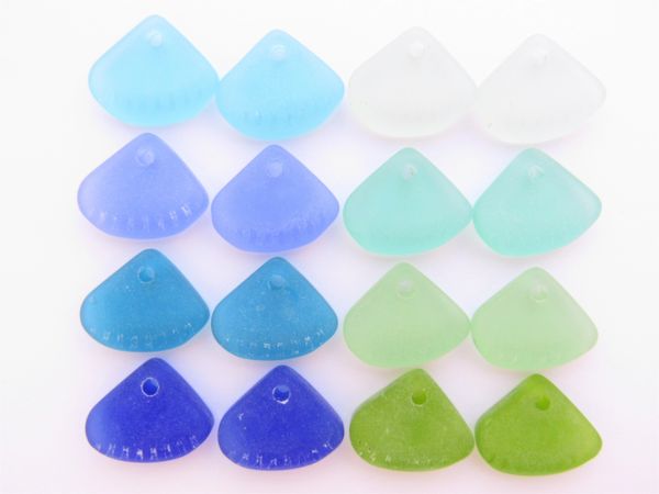 Cultured Sea Glass PENDANTS 24x20mm Ridged Triangle assorted Blue Green pairs Great for making earrings