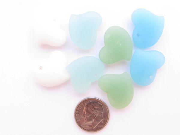 Cultured Sea Glass PENDANTS 18mm Opaque assorted pairs puffed hearts assorted top drilled bead supply for making jewelry
