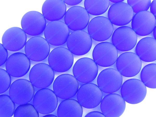 Cultured Sea glass BEADS 12mm Coin Royal COBALT BLUE frosted flat round bead supply for making jewelry