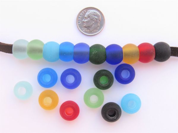 Frosted Glass BEADS 12mm Pony large hole Rondelle assorted pairs 20 pc Good for leather cord