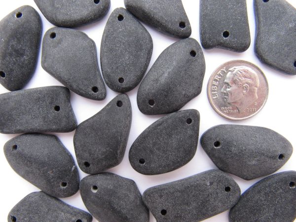 Frosted Cultured Sea Glass 2 hole PENDANTS OPAQUE BLACK 1" free form double hole Connectors supplies making jewelry