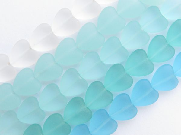 Glass Heart BEADS Frosted 11x12mm puffed HEARTS light aqua seafoam bead supplies for making jewelry