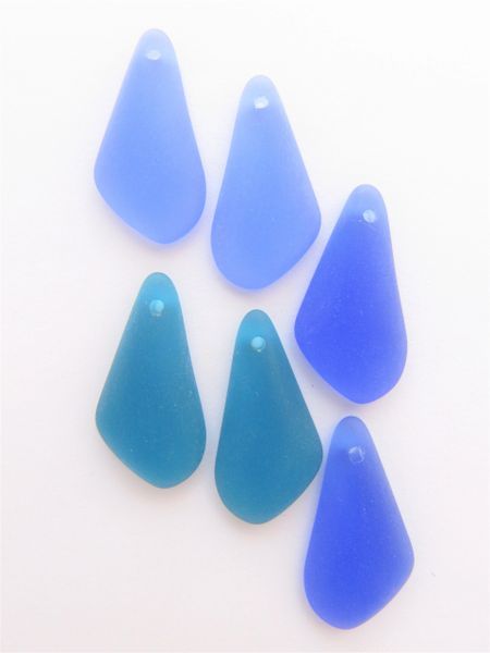 Cultured Sea Glass PENDANTS 24x12mm fancy teardrop assorted BLUE Top Drilled flat back right & left pendant bead supply