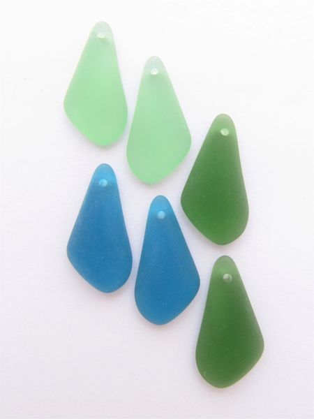 Cultured Sea Glass PENDANTS 24x12mm fancy teardrop BLUE GREEN assorted Top Drilled flat back bead supply for making jewelry