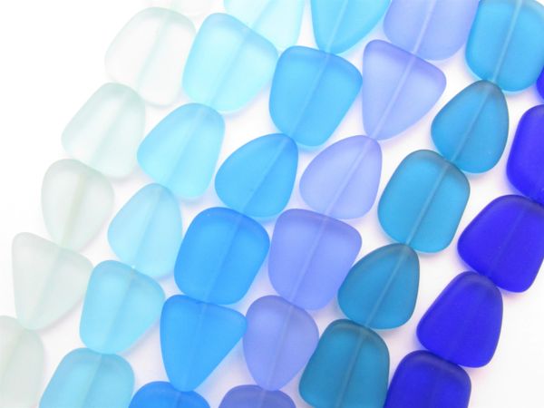 Cultured Sea Glass BEADS 15mm assorted BLUES flat free form bead supply for making jewelry