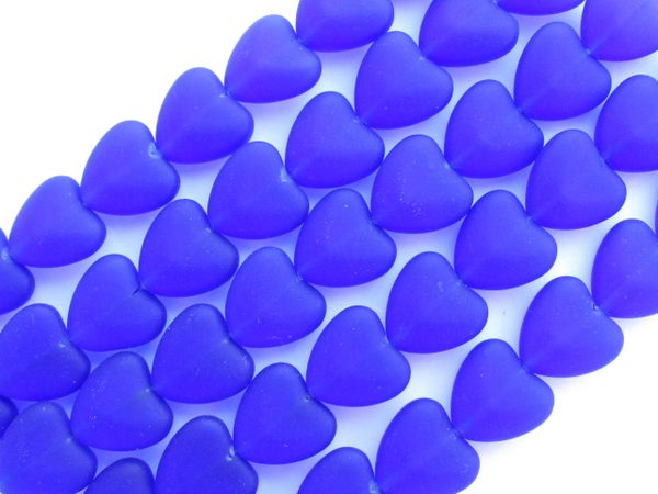 Cultured Sea Glass BEADS HEARTS 11x12mm Royal Cobalt BLUE frosted heart bead supplies for making jewelry